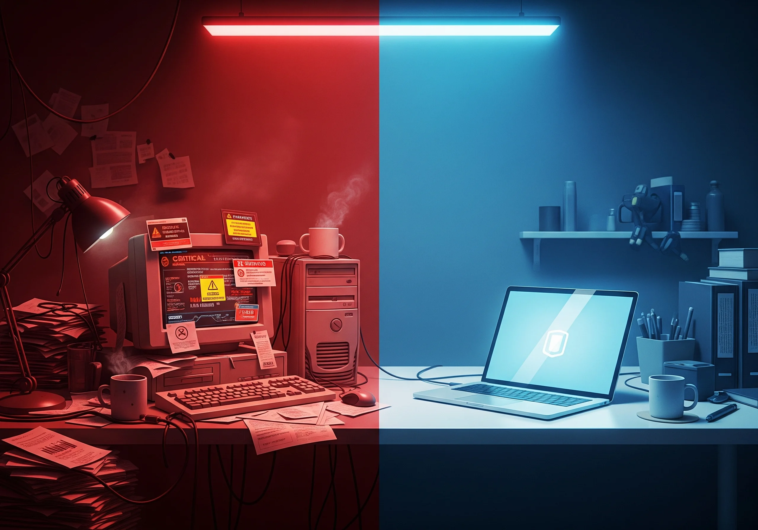 Ilustração de um computador preso por ícones de antivírus, simbolizando excesso de softwares de segurança.