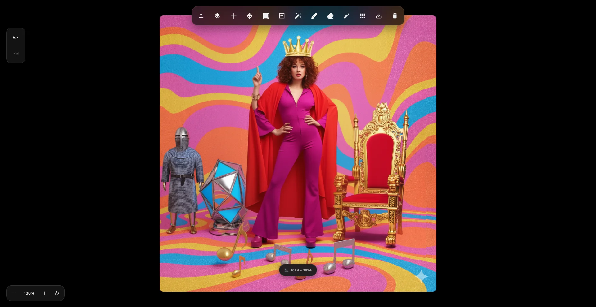 Composição final mostrando elementos criados por IA: fundo psicodélico, personagem estilizada, trono e armadura.