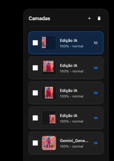 Painel de camadas do ImageX com várias versões geradas a partir de prompts.