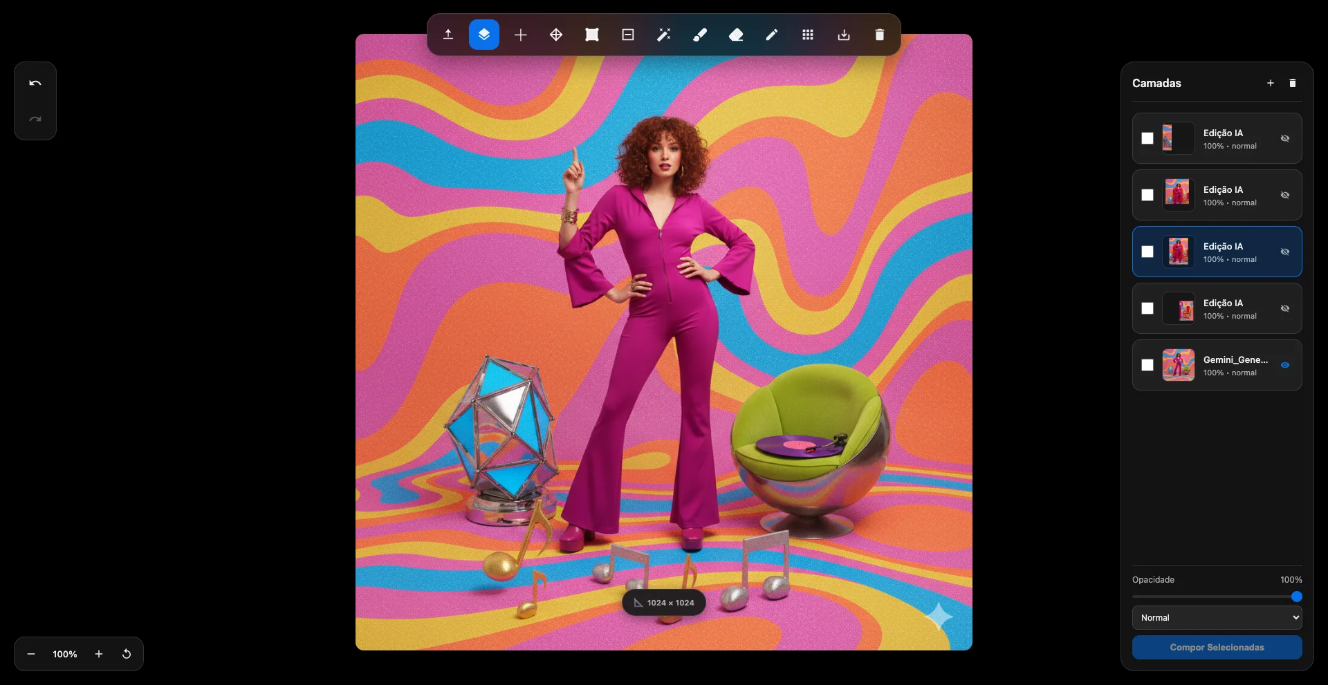 Composição final no ImageX com personagem coroada, trono e elementos adicionados via IA.